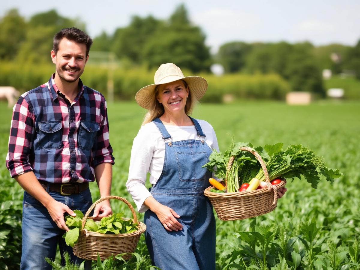 Farmers standing in a green field with a basket of fresh vegetables