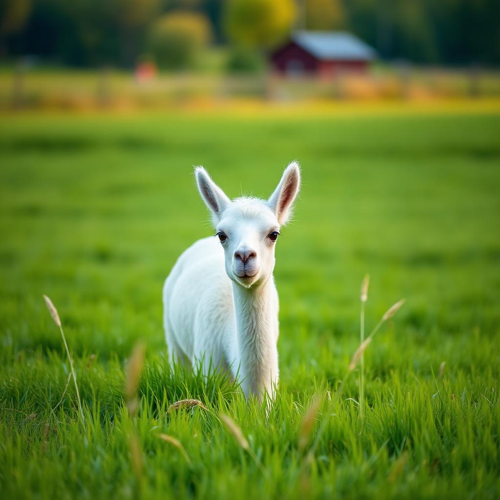 White llama grazing in a lush green pasture
