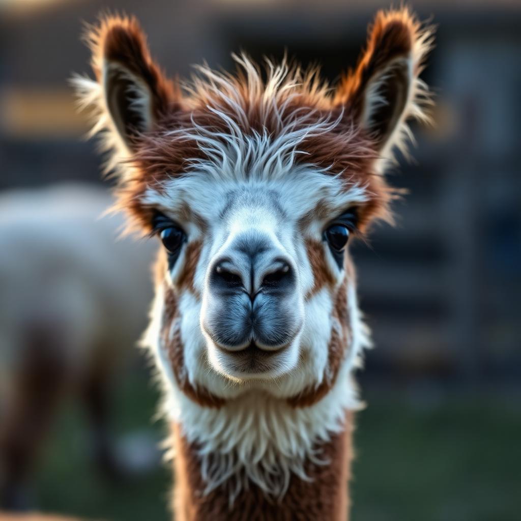 Close-up portrait of a curious llama on the farm