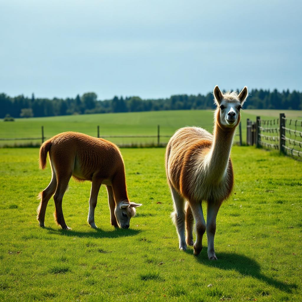 Two llamas roaming freely in the open field